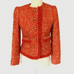 J Crew  Orange Red Fringe  Tweed Blazer